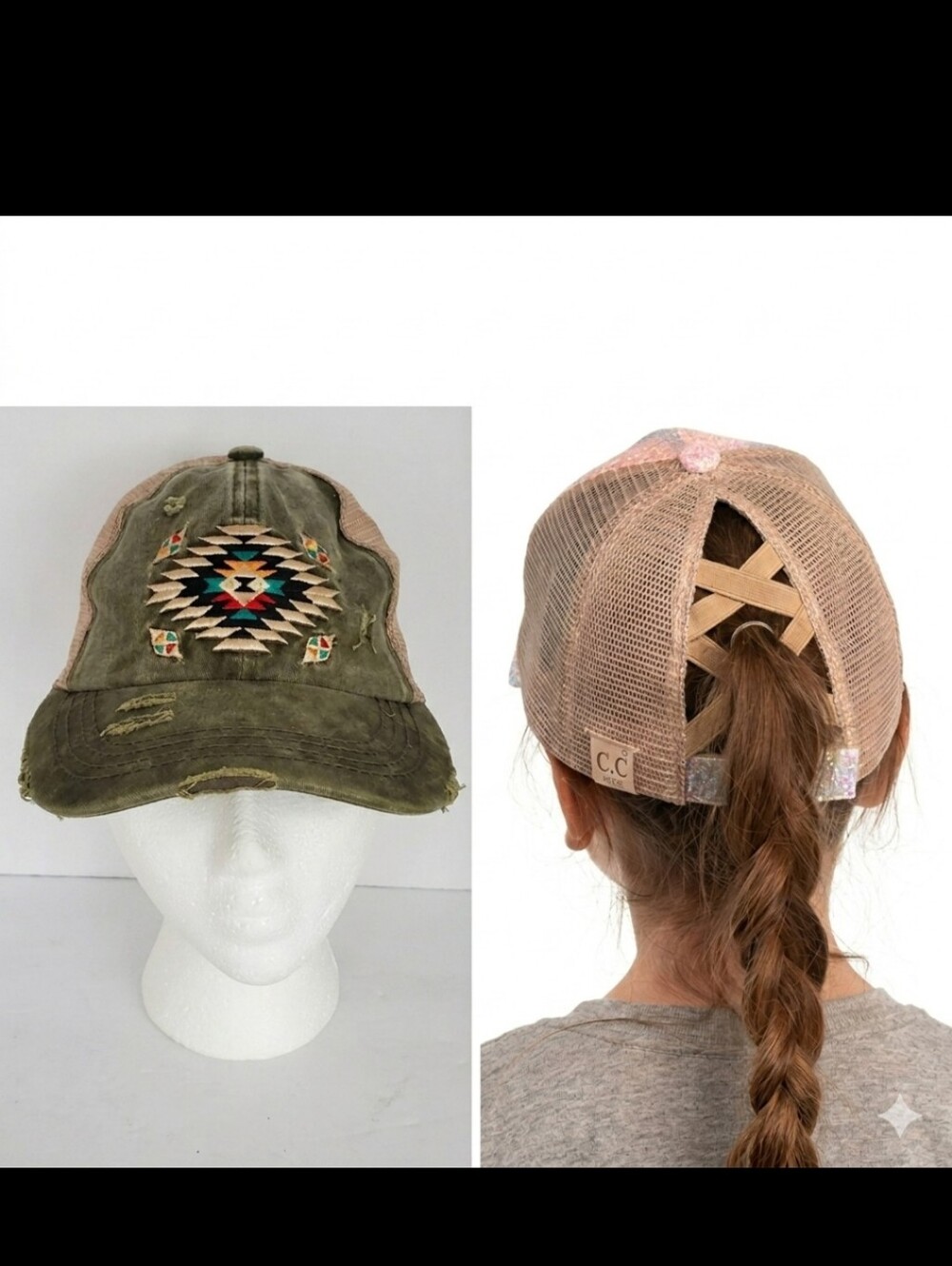 C.C Criss-Cross Ponytail Hat Distressed Mesh Baseball Cap Southwestern Aztec